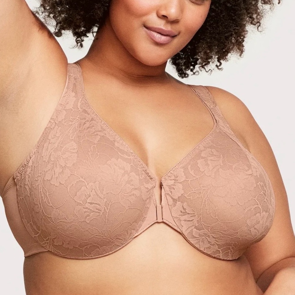 Glamorise Lace Full Coverage Wonderwire Bra in Beige 42C Front Close